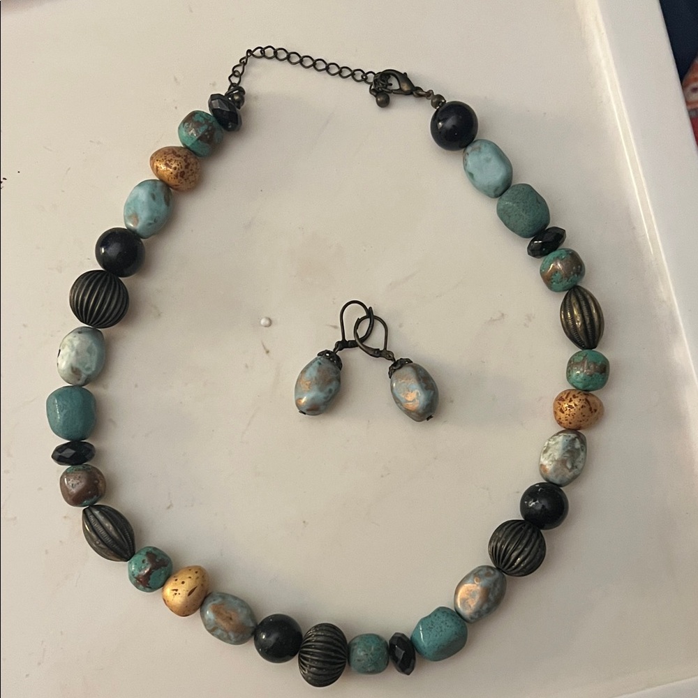 20 Inch Turquoise & Gold Beaded Necklace with Matching Earrings - Women Jewelry